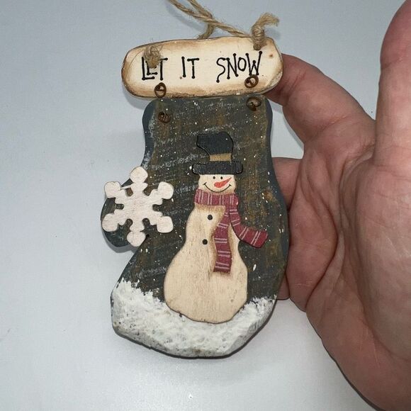 Rustic “Let it Snow” Handmade‎ Wooden Snowman Stocking Christmas Ornament - Picture 4 of 7